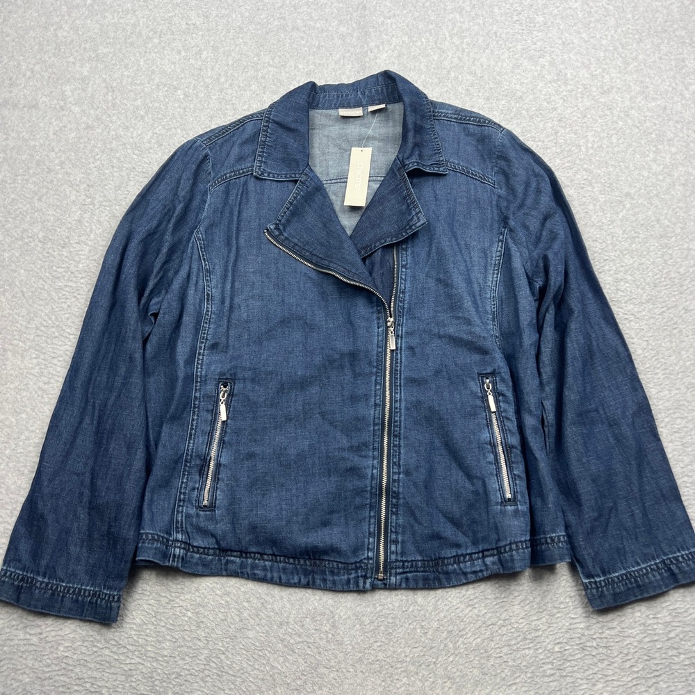 NEW Chicos Denim Moto Jacket Womens 3 Blue Dark Wash Linen Asymmetrical Jean Y2K